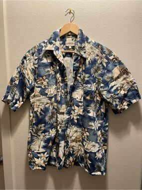Vintage Campia Moda Men's Blue Tropical Leaf Short-Sleeve Hawaiian Shirt XL